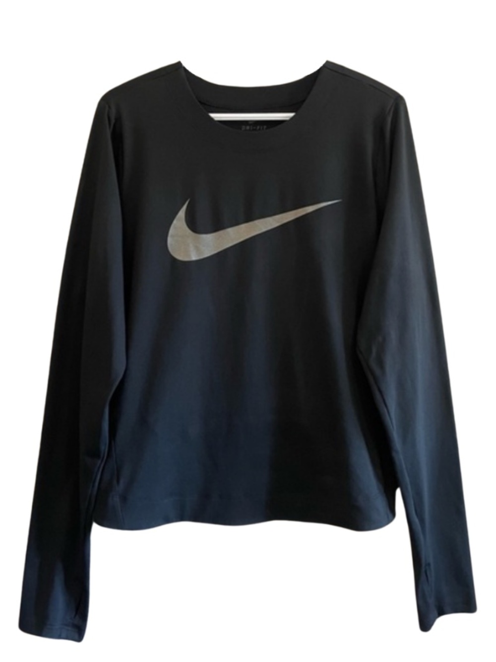 Nike Black Long Sleeve Athletic Top with Silver Swoosh – Size Large EUC